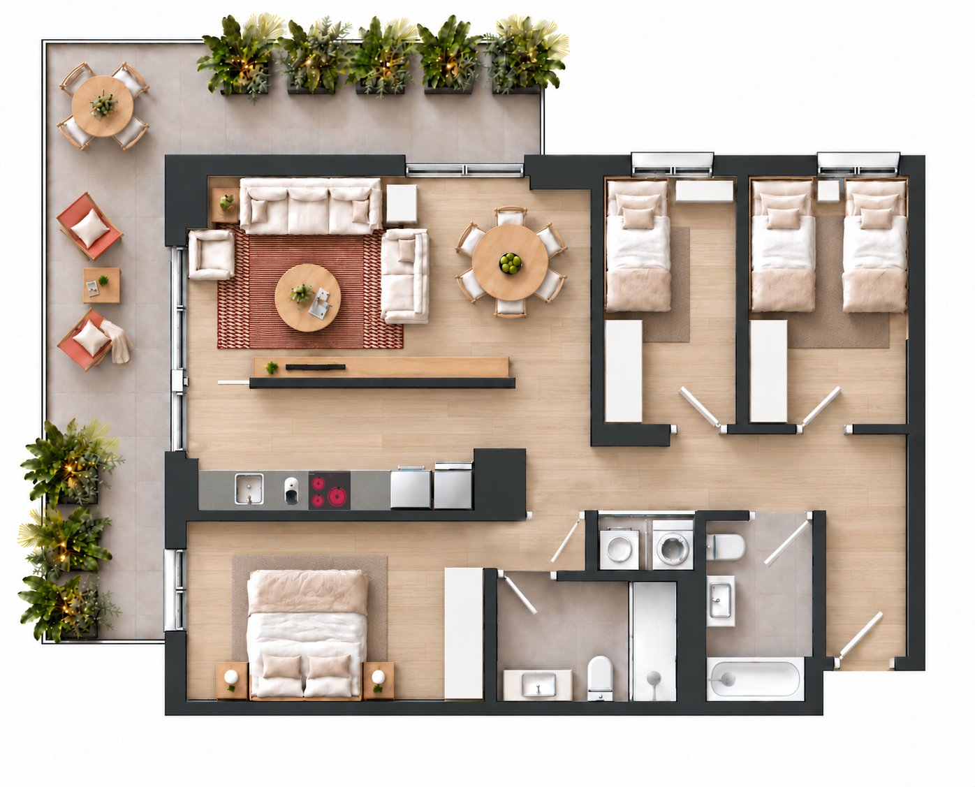 Plano amueblado de vivienda de 3 dormitorios con terraza