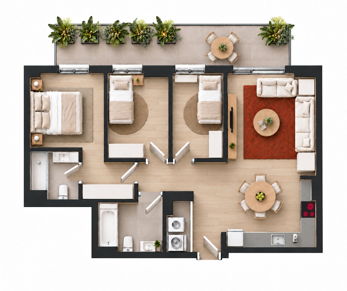Plano amueblado de vivienda de 3 dormitorios con terraza