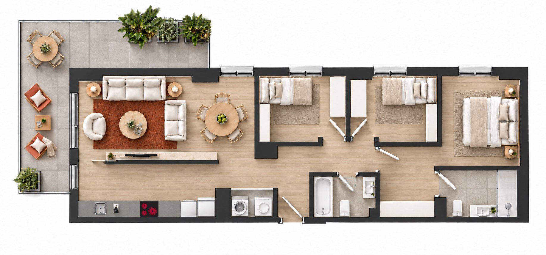 Plano amueblado de vivienda de 3 dormitorios con terraza