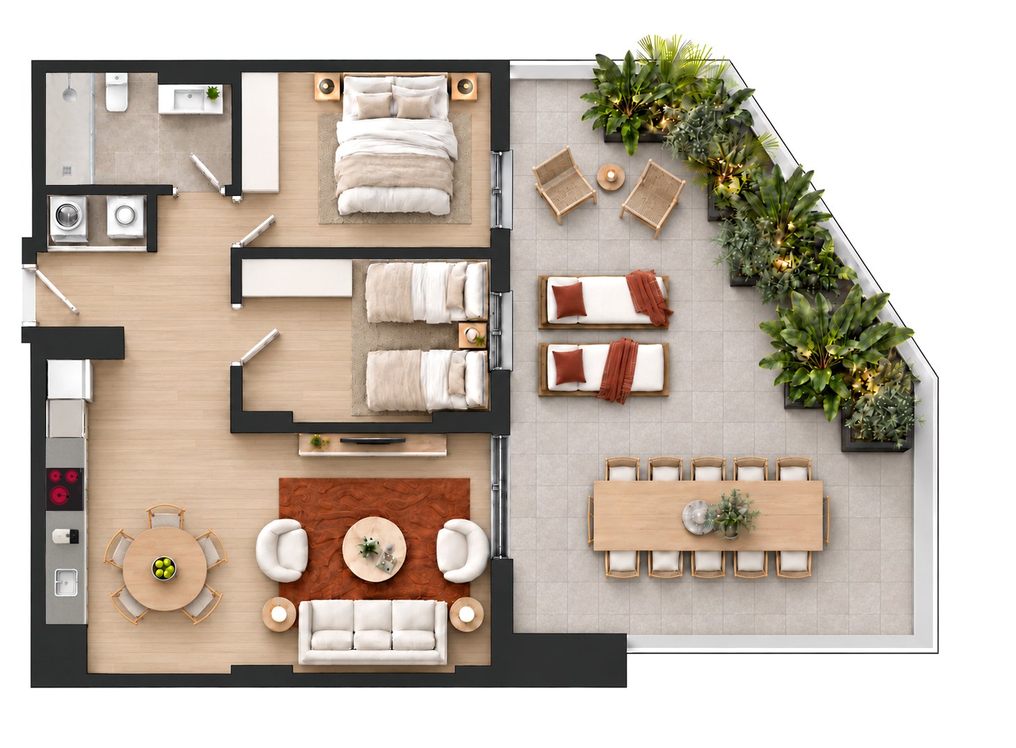 Plano amueblado de vivienda de 2 dormitorios con gran terraza